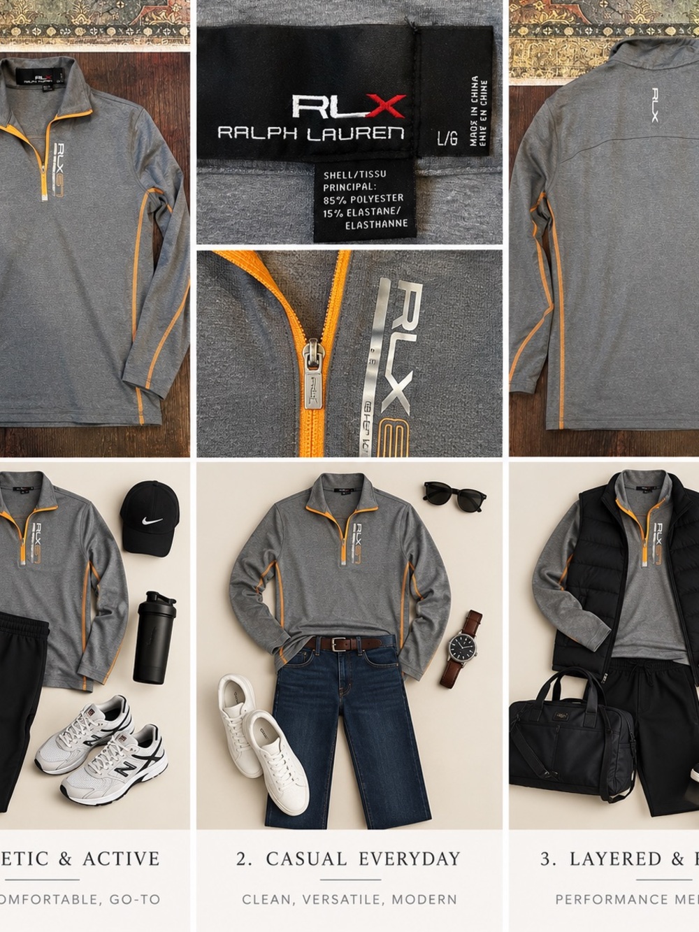 RLX Ralph Lauren Gray Quarter-Zip Performance Pullover with Orange Trim